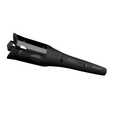 Revamp by HoMedics Progloss Hollywood Wave, Curl & Advanced Shine Automatic Rotating Curler featuring a sleek black design with a 28mm (1.1") ceramic and ionic barrel. The curler includes adjustable temperature settings from 170ºC to 210ºC (340ºF to 410ºF) and a multi-direction rotation button for effortless styling. Infused with Progloss super smoothing oils like keratin, argan, and coconut oil for added shine and frizz-free results. Includes a 2.7m (9') salon swivel cable and a silicone heat-resistant mat.
