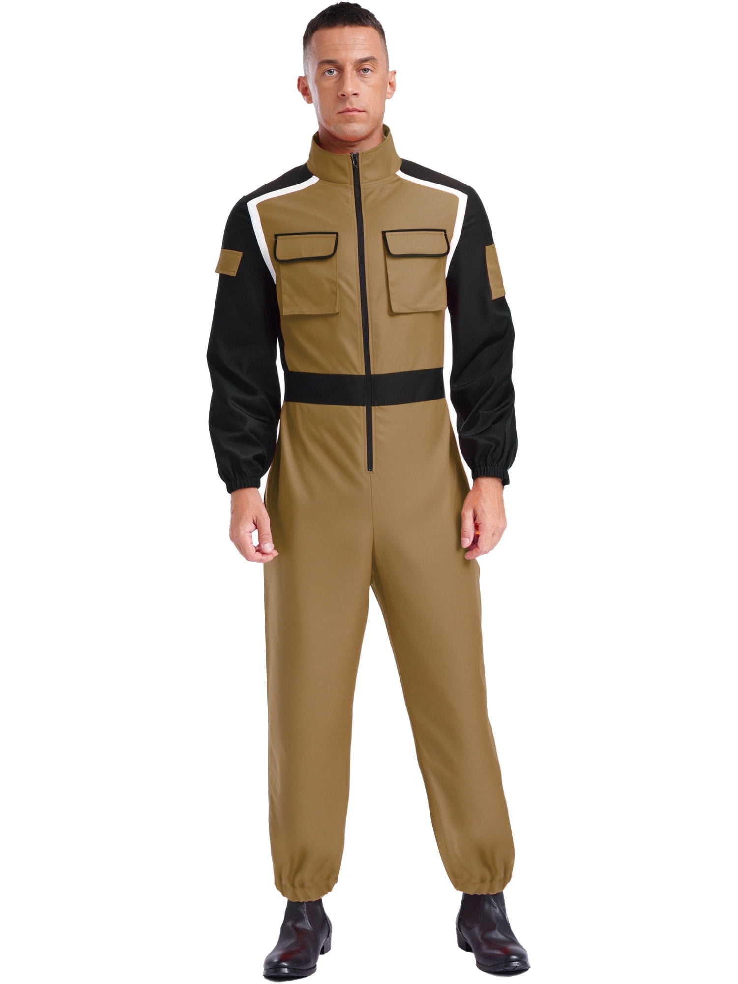 Eandarui Men Racer Jumpsuit Racing Car Driver Costume Long Sleeve Zipper Mechanic Coveralls with Pockets Khaki 3XL