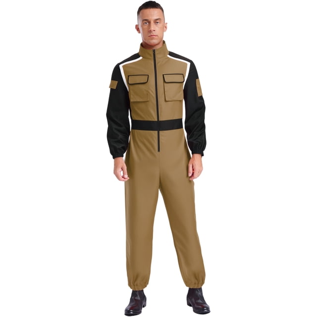 Sxiwei Mens Racing Driver Fireman Cosplay Jumpsuit Long Sleeve with Pockets for Themed Parties Khaki XL