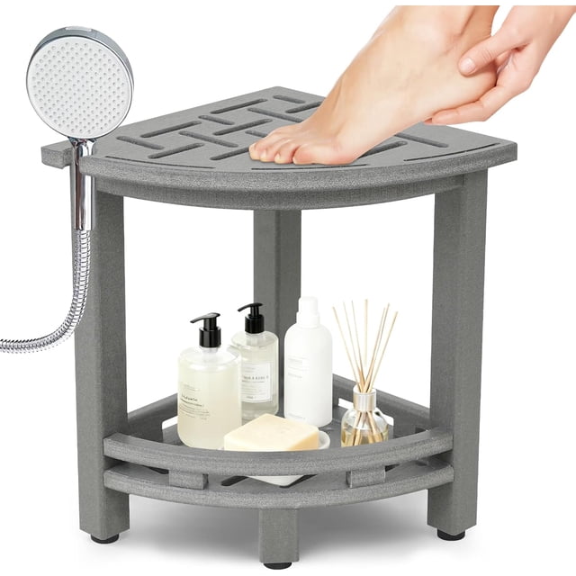 Corner Shower Stool Shower Bench for Inside Shower Small Shower Chair Seat for Shaving Legs with Storage Shelf Shower Head Holder Adjustable Feet