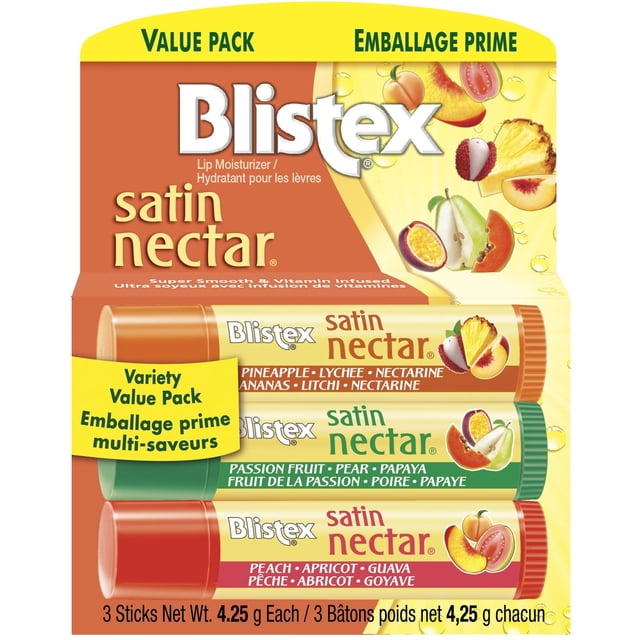 Blistex Satin Nectar Hydratant pour les Lèvres, Paquet Économique avec Trois Bâtons de Baume à Lèvres Non Teintés de 4,25 g, Présentant des Mélanges Crémeux de Saveurs de Fruits : Ananas-Lychee-Nectarine, fruit de la Passion-Poire-Papaye et Pêche-Abricot-Goyave, dans un Emballage Éclatant avec illustrations de Fruits.