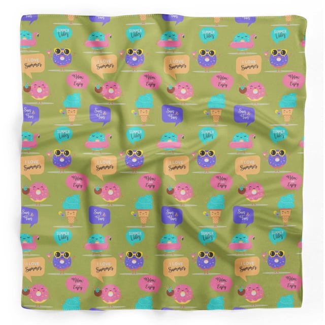 Bimba Green Donut & Text Printed Pure Silk Scarf Neck Wrap Summer Hair Bandanas For Women 40 x 80 Inches