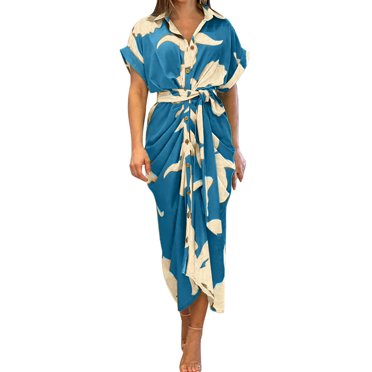 Kcodviy Women Elegant Floral Print Mid Length Dress High Waist Stand Short form Fitting Dress Sleeve Shirt Dress