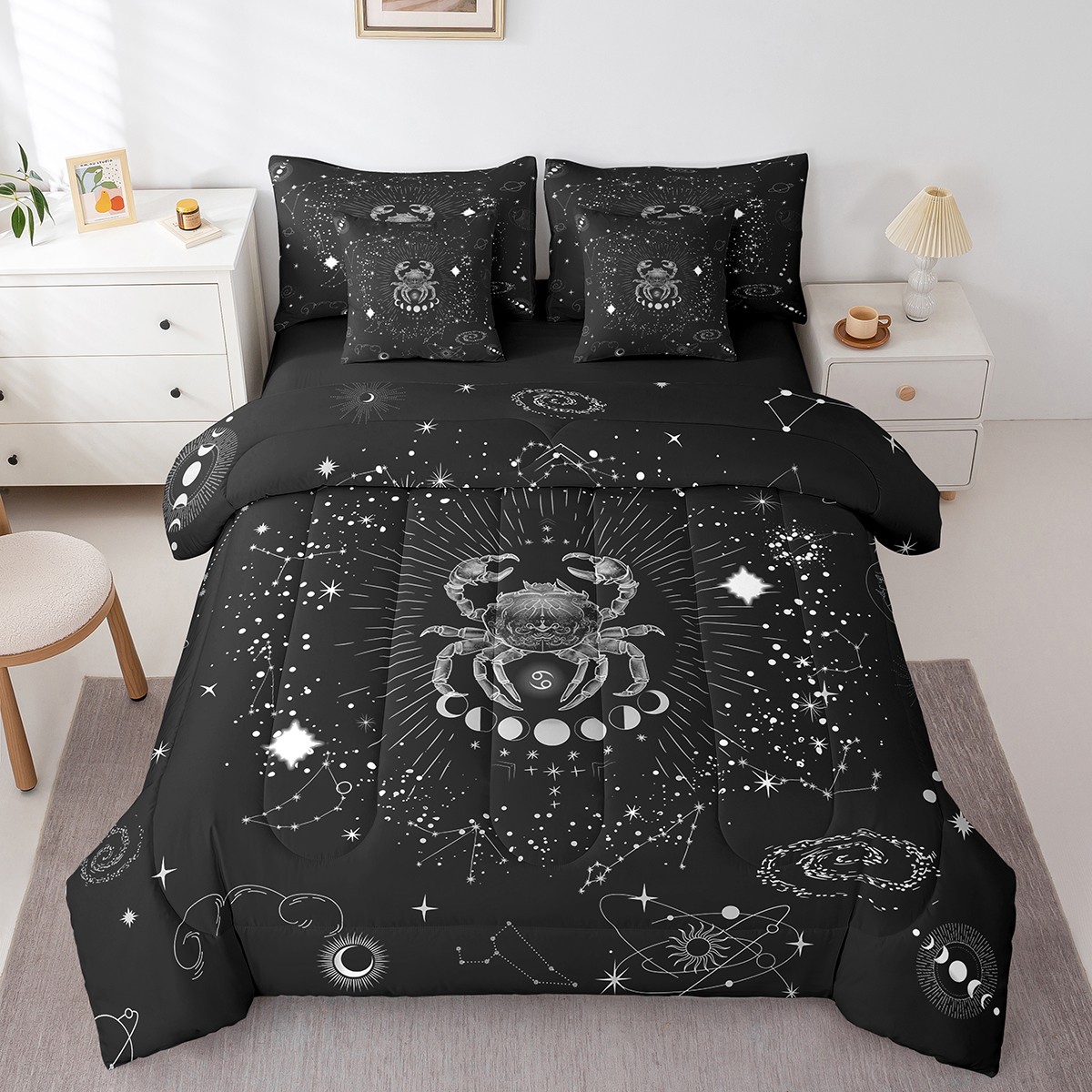 YST Cancer Bedding Comforter Set 7-Piece Black White Constellations Bed in a Bag, Full Size