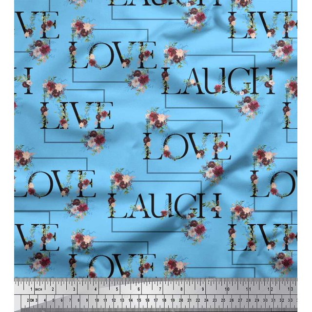 Soimoi Blue Cotton Poplin Fabric Floral Love Text Print Fabric by Yard 58 Inch Wide