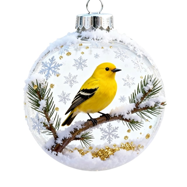 2D Acrylic Animal Themed Christmas Tree Decorations Set Shatterproof Ornaments For Home And Holiday Festive. The image shows a clear acrylic ornament featuring a vibrant yellow bird perched on a snow-covered branch with pine needles. The background includes snowflake patterns and gold glitter accents, creating a festive holiday theme. Made from shatterproof acrylic, these lightweight decorations are ideal for Christmas trees, windows, or garlands.