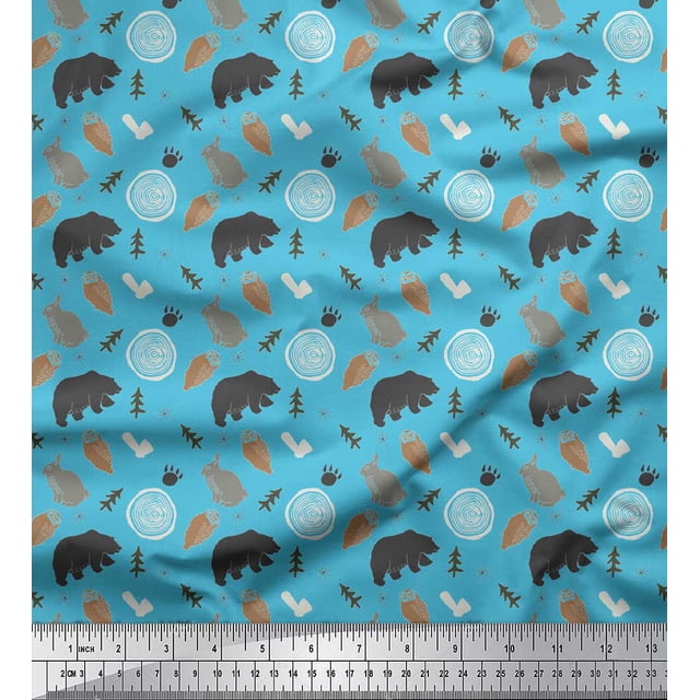 Soimoi Blue polyester Crepe Fabric Wild Life Animal Printed Fabric 1 Yard 42 Inch Wide