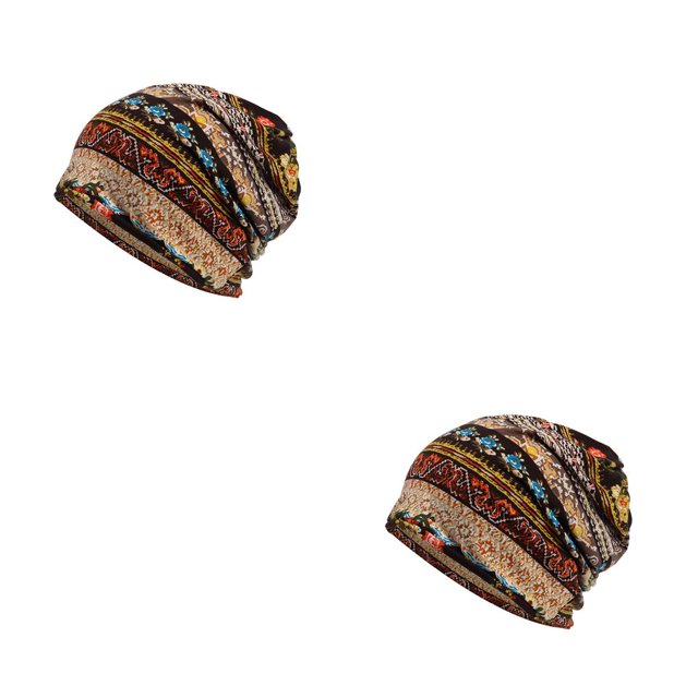 Transemion Bonnet Décontracté Musulman Hijab Imprimé Floral Turban Coloré Protection des Oreilles Ajustable Bonnet de Nuit pour Femmes Café Floral 2Set