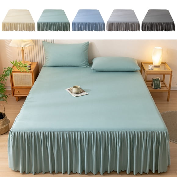 MTBLYS Solid Color Bed Skirt Washed Cottons Edge 78.74X59.06 Inch Non-Slip Elastic Cord Dirtproof Mattress Cover Polyester-Cottons 1-Piece Bed Skirt for Twin Full Queen King Bed