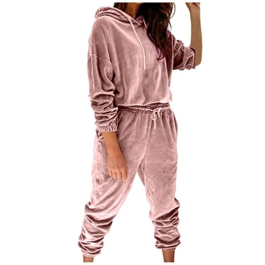 FNFYFH Velour Sweatsuits for Women Solid Drawstring Long Sleeve Hooded Tracksuits 2025 Fleece Elastic Waist Sweatpants Womens Causal Comfy Sports Sets S-XXL Clearance Deals