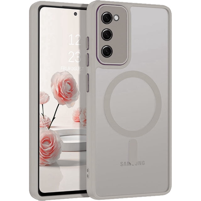 Samsung Galaxy S20 FE Case by Phonesmart, featuring a matte rubber hybrid back cover in grey with MagSafe compatibility. The case includes a built-in magnetic back for seamless use with MagSafe accessories, military-grade protection for durability, and a semi-transparent, anti-fingerprint finish for an elegant look. Precise cutouts ensure easy access to all buttons and ports. Shown on a Samsung Galaxy S20 FE with a floral wallpaper background.