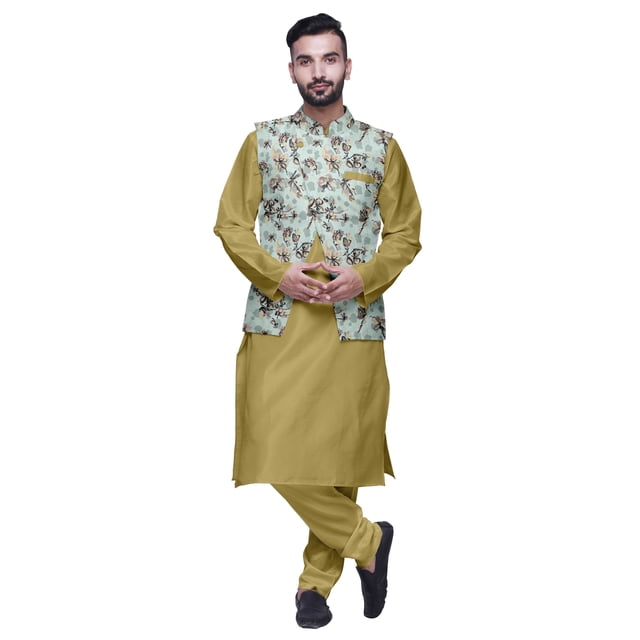 Atasi Men Mandarin Collar Solid Kurta Churidar Pajama & Printed Nehru Jacket Set