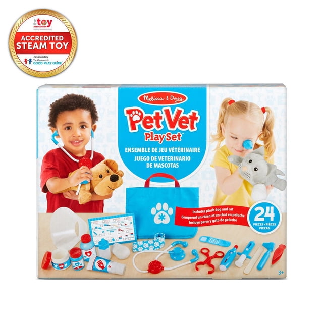 Melissa & Doug Examine and Treat Pet Vet Play Set with 24 pieces including plush dog and cat, veterinarian tools such as stethoscope, thermometer, syringe, ear scope, tweezers, clamp, bandages, cast, ointments, and a reusable checklist, all stored in a blue tote bag, displayed with children holding plush pets.