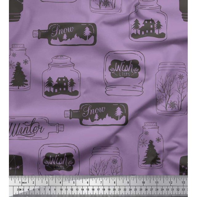 Soimoi polyester Crepe Fabric Tree,Jar & Bottle Vintage Print Sewing Fabric Yard 42 Inch Wide