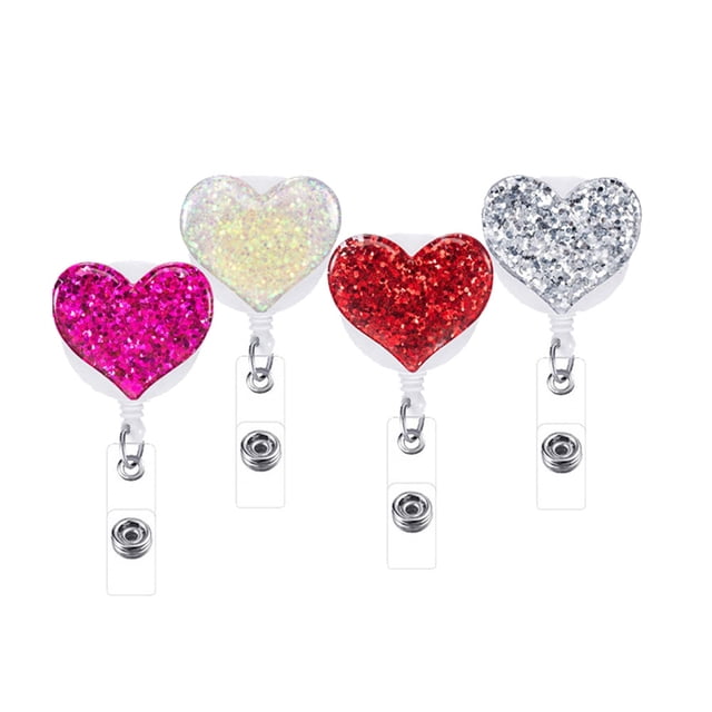 FRCOLOR badge reels 4pcs Nurse Badge Holder Shiny Rhinestone Heart Shape Nurses Retractable ID Badge Reel Clips (Random Color),1.57"X1.42"X0.39"