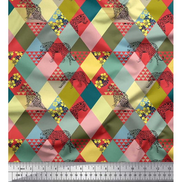 Soimoi Poly Georgette Fabric Leopard & Argyle Patchwork Decor Fabric Printed Yard 52 Inch Wide