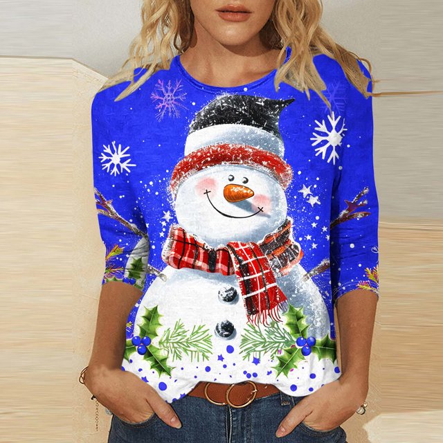 Jienlioq Hauts Grande Taille pour Femmes Mode T-Shirt Décontracté de Noël pour Femmes à Imprimé Col Rond Manches 3/4 Haut Blouse Rabais