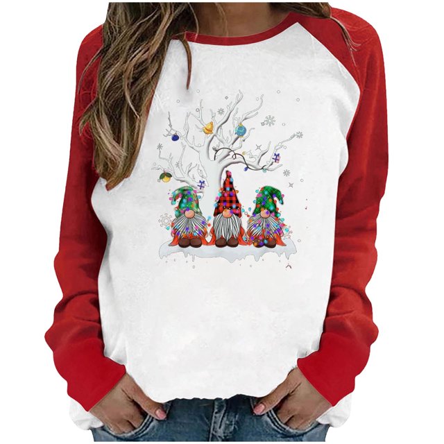 RKSTN Chandail pour Femmes de Noël à Col Rond, Chandail Imprimé du Père Noël, Manches Longues, Blouse Régulière à Empiècements
