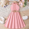 thumbnail image 2 of biudgviw Robe d'Été pour Filles Sans Manches à Col Licou, Épaules Dénudées, Ceinturée, Robe Trapèze Midi Décontractée, Robe Soleil 6-13 Ans, 2 of 3