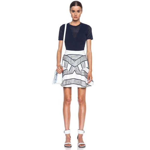 3.1 PHILLIP LIM Jupe Évasée à Volants Chevron Mélange de Coton Imprimé Bleu Marine Blanc 425 $