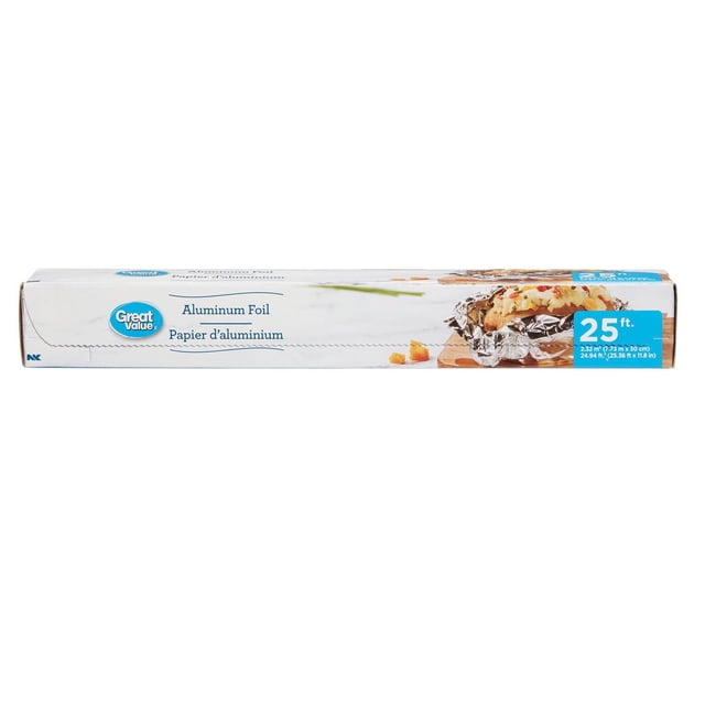 Great Value Aluminum Foil 25 ft box with bilingual English and French text, showing a baked potato wrapped in foil on a wooden board, suitable for food wrap and kitchen storage in household supplies.