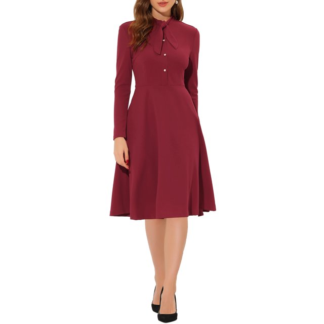 INSPIRE CHIC Robe Midi en Tricot à Manches Longues à Col Noué pour Femme, Tenue de Travail, TG, Rouge
