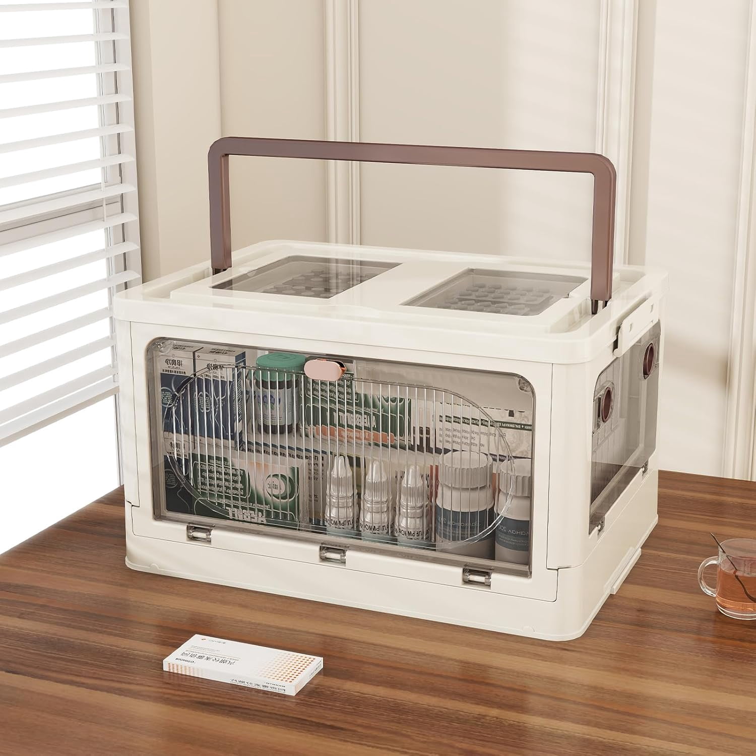 Medicine Storage Box with Handle,Extra Large First Aid Box with Removable Tray and Quick Access Top Lid Flap,5 Doors Open Medicine Organizer,Plastic Multipurpose Medicine Chest Container