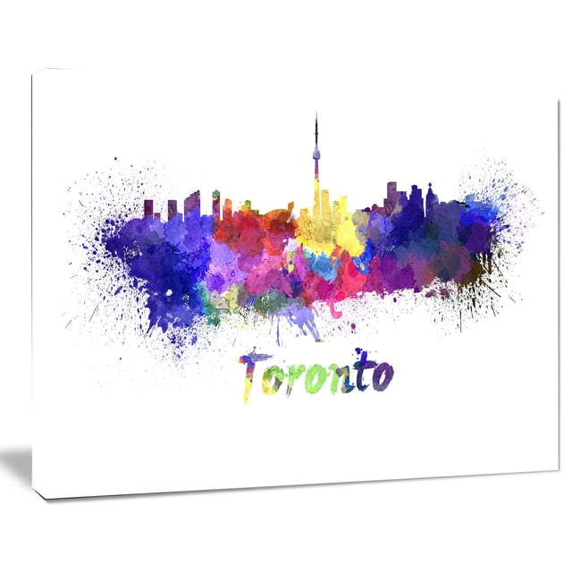 Design Art Toronto Skyline Canvas Print depicting a vibrant watercolor city skyline with the CN Tower centered, printed on gallery wrapped cotton canvas with rich blue, purple, red, yellow, and green hues, ready to hang with included hardware, suitable for enhancing home or office décor.