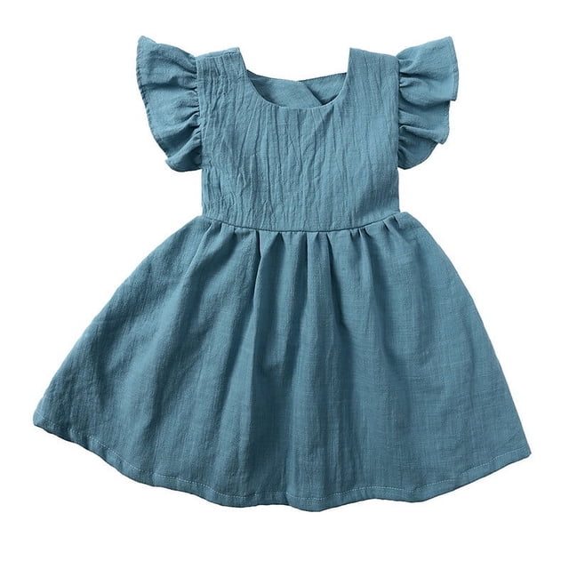 ShomPort Summer Skirt for Girls Linen Sleeveless A-Line Crewneck Ruffle Cozy Breathable Solid Color Holiday Dress