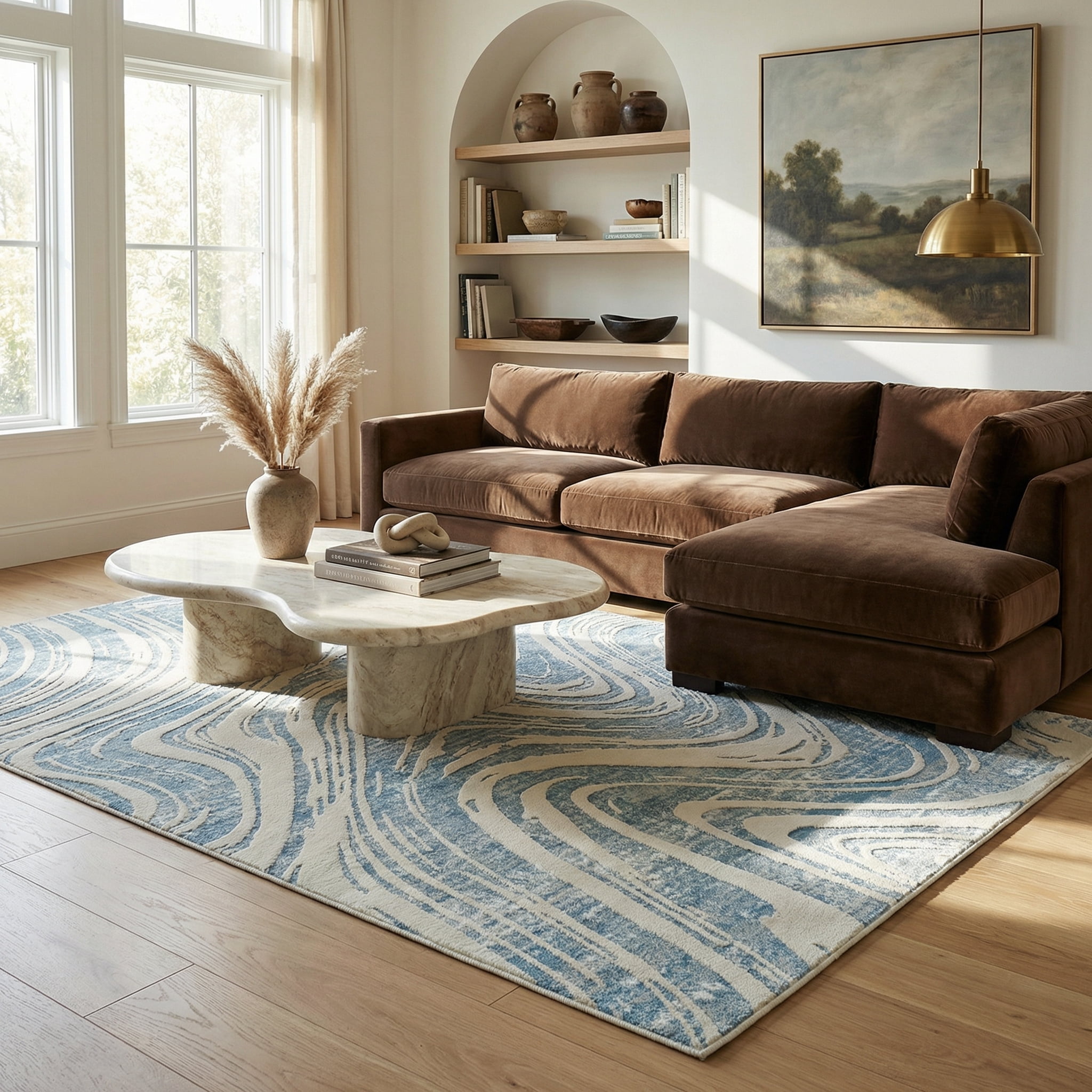 Tapis d'interieur abstrait Rug Branch Nomad, bleu beige, cotier - Salon, chambre, salle a manger et cuisine