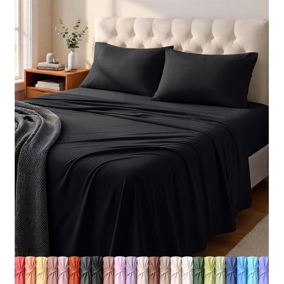 Utopia Jersey Knit 4-Piece Queen Sheet Set Cotton Sheets Soft, Stretchy T-Shirt Fabric (Queen, Black)