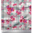 thumbnail image 1 of Soimoi White Modal Satin Fabric Check & Floral Print Fabric by the Yard 42 Inch Wide, 1 of 5