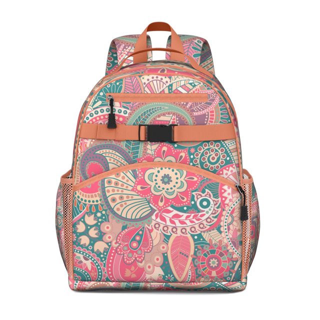 Colorful Vibrant Indian Tribal Paisley Design Student Backpack Lightweight Adjustable Shoulder Straps Chest Strap Durable School Backpack