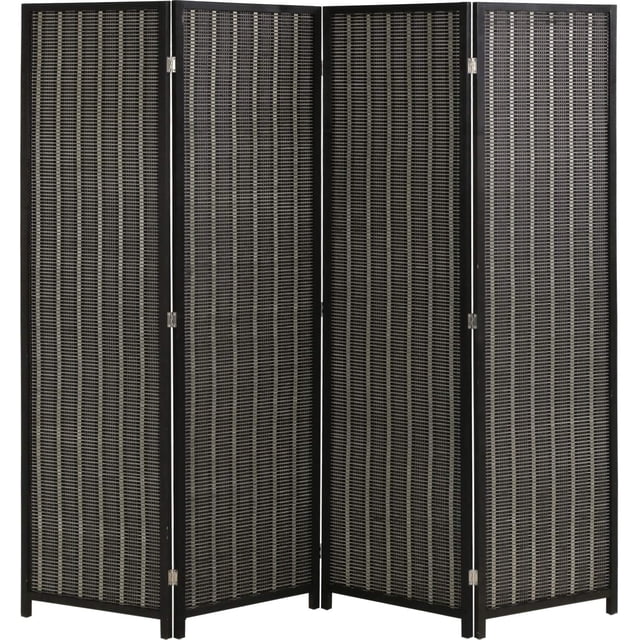 FDW 4-Panel Room Divider Screen, Folding Privacy Partition for Living Room, Bedroom & Study, Bamboo Wood, Black Front-facing view of a 72-inch folding bamboo room divider in black with four hinged panels (each 17.7-inch wide); bamboo finish, folding design and integrated lower storage visible, staged in a neutral living area. Often used as a video-call backdrop or to define small zones.