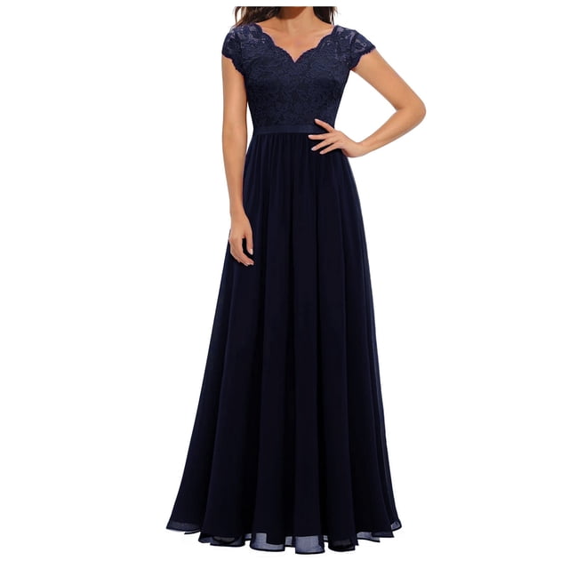 Robes Boho pour Femmes 2025 en Liquidation Robes de Demoiselle d'Honneur pour Femmes 2025 Élégante Robe Formelle en Dentelle Patchwork Tendance Col en V Fluide en Chiffon Robe d'Invitée de Mariage Robes Décontractées pour Femmes Nouvelle Bleu P