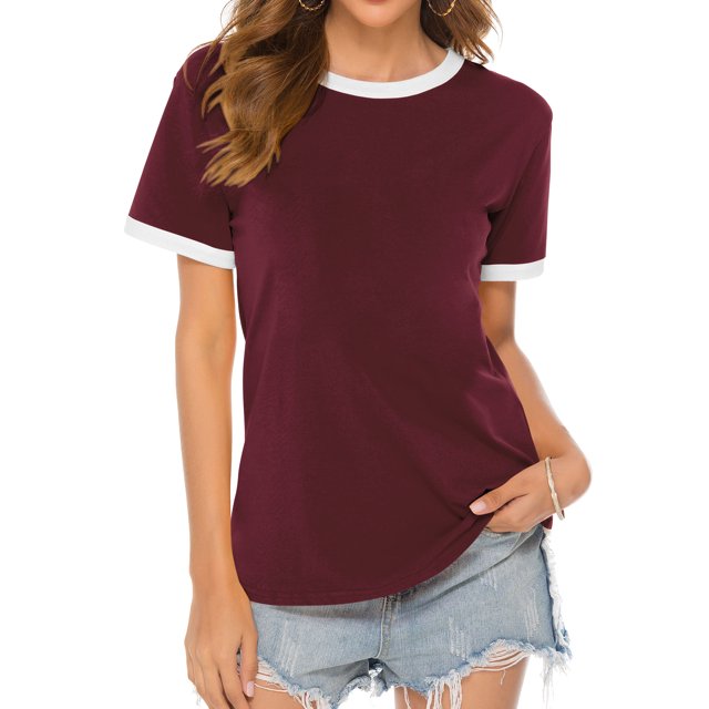T-shirt Blanc à Bordure pour Femme, Col Rond, Manches Courtes, Haut Uni
