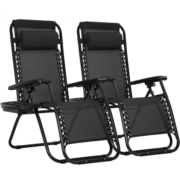 FDW Lounge Chair Adjustable Zero Gravity Chair Folding Beach Chair Textilene Lawn Patio Chair with Removable Pillow and Cup Holder for Poolside Backyard Lawn Beach Pack of 2 (Black)