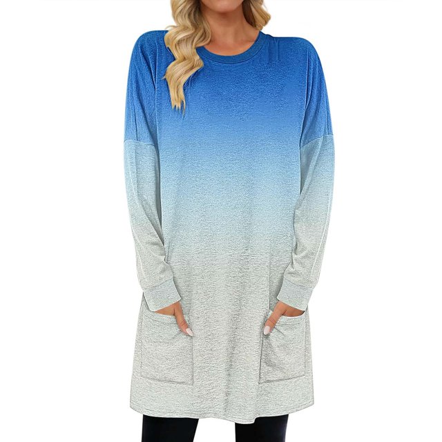 Timegard Women Long Sleeve Tops with Pockets Round Neck Casual Trendy T Shirts Gradient Color Comfy Basic Shirts