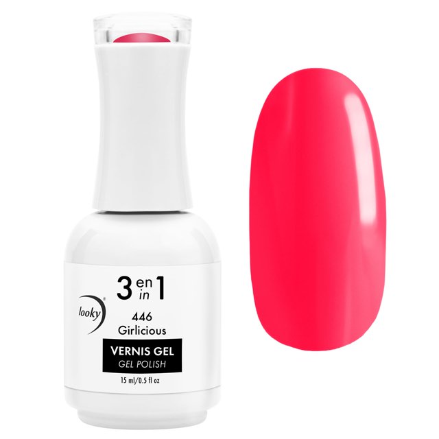 Looky 3-in-1 Gel Nail Polish, Base Color Top Coat, Salon Quality UV LED Cure, Long Lasting, 15ml - #446 Girlicious (Reds)