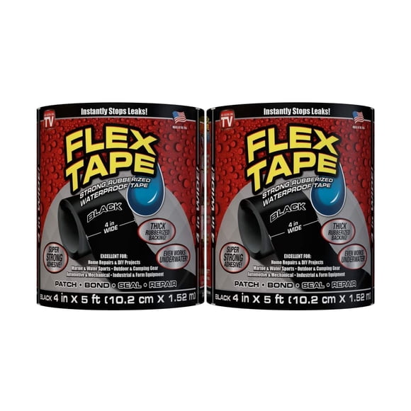 Flex Tape , Ruban Imperméable Original Épais et Flexible en Caoutchouc - Scelle et Répare les Fuites, Fonctionne sous l'Eau, Intérieur Extérieur - Réparation de Plomberie de Toit de Maison VR et de Piscine, Noir, 4 Po x 5 Pieds, Lot de 2
