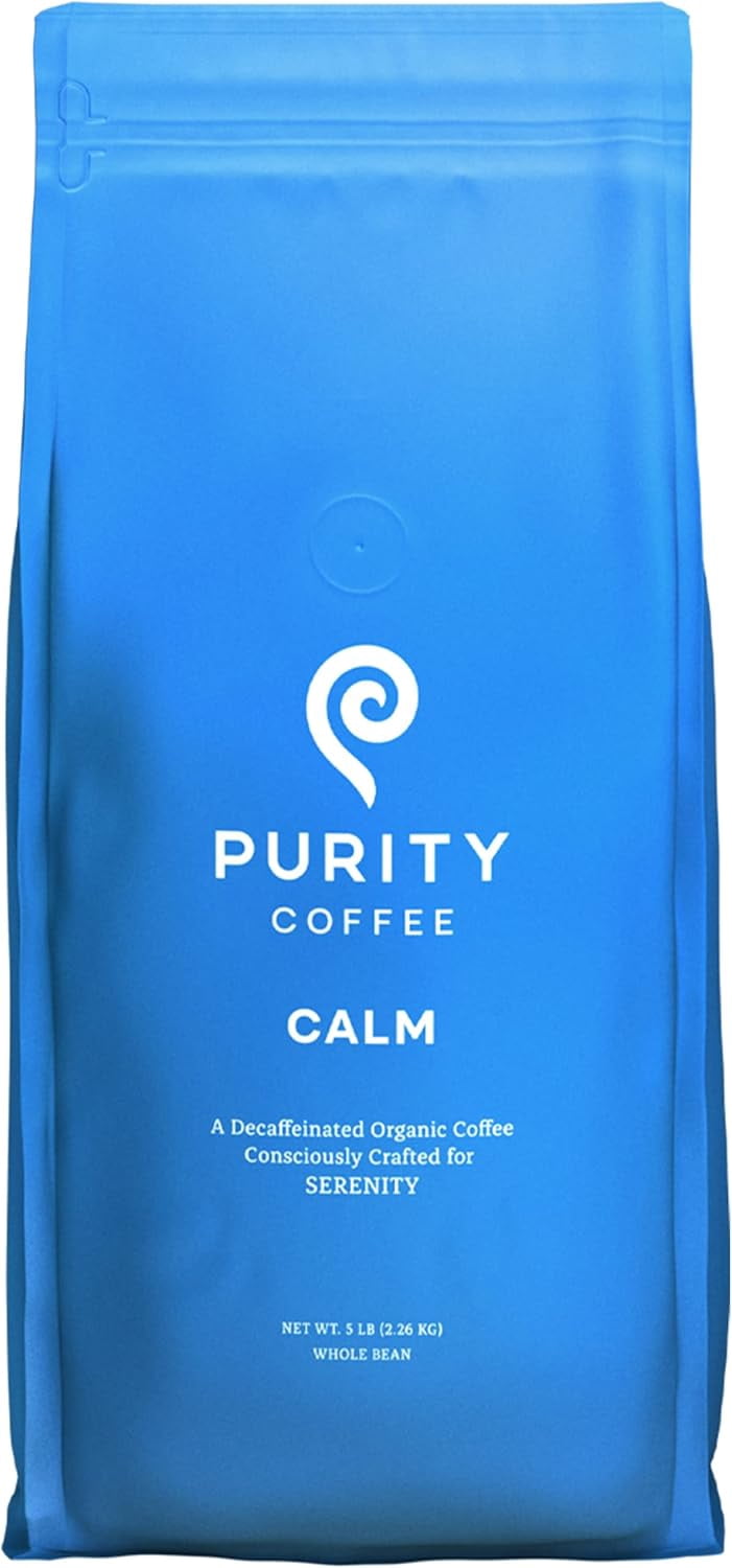 PURITY COFFEE CALM Decaf Medium Roast Whole Bean (2268g Bag) | Specialty-Grade USDA Organic Mountain Water Process Decaffeinated Blend | Third Party Tested for Mold, Mycotoxins & Pesticides