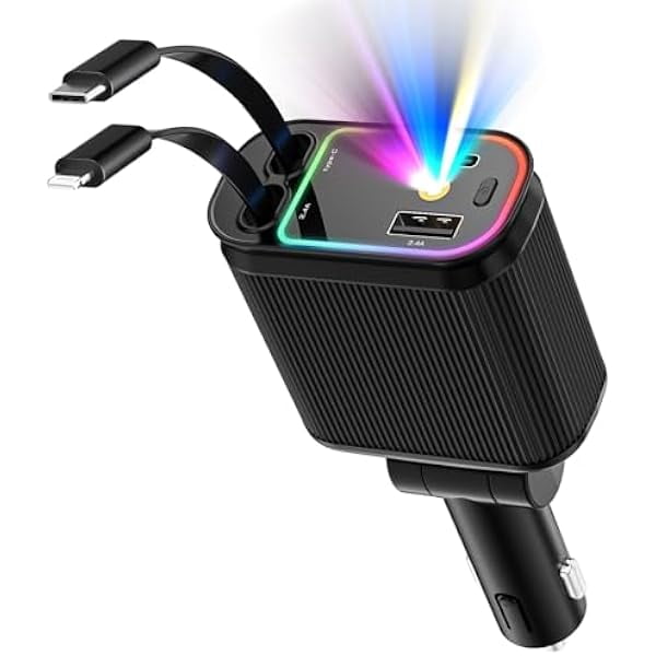YJJSKEJI Car Charger with Starlight, 66W USB C Fast Car Charger Adapter, 4 in 1 Retractable Car Chargers with 2 USB Ports for iPhone 15/14/13/12/11 and for Android (Dark Black)