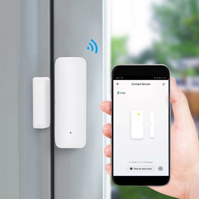 TopLLC Smart WiFi Door Sensor, a wireless window sensor installed on a door frame, paired with a smartphone displaying the sensor's status in the Smart Life app. This compact white sensor offers real-time message notifications, enhancing smart home security by monitoring door and window activity remotely.