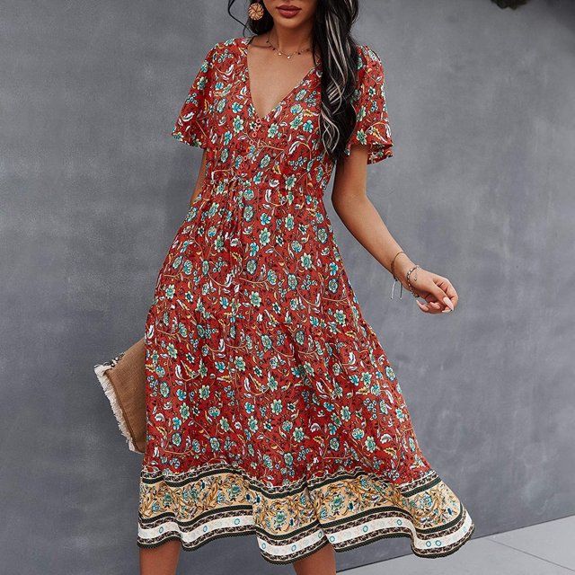 SMihono Robe d'Été Boho pour Femmes Grande Taille Mode Robe Décontractée à Col en V Imprimée avec Ceinture Manches Courtes Ample