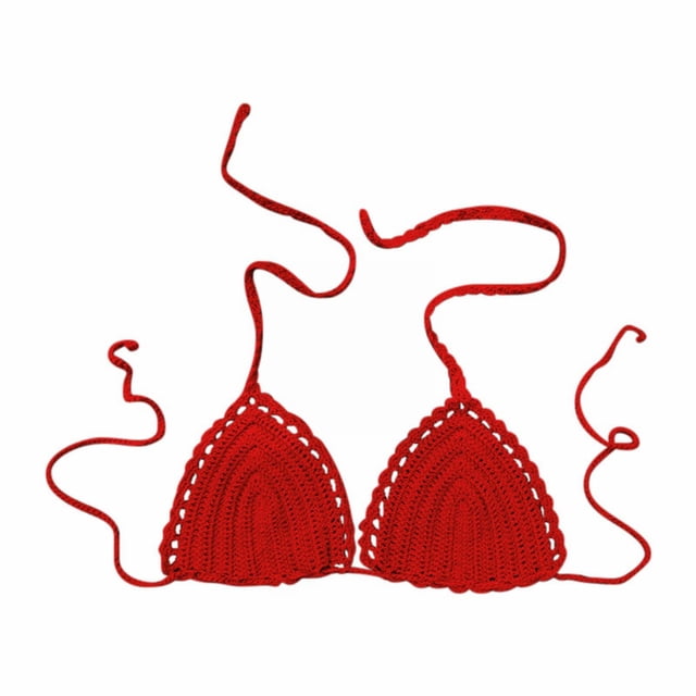 Hemlock Solid Color Hand Crochet Bikini Tops, Solid Color Hand Crochet Bikini Top, Euramerican Style, Summer Swimsuit, Red Euramerican Swimsuit, Red M, Size S-L