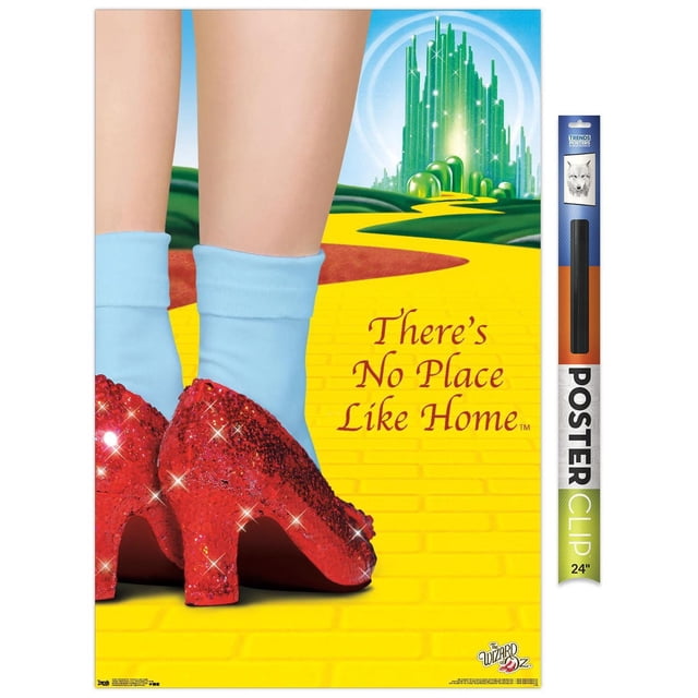 The Wizard Of Oz - Affiche Murale « No Place Like Home », 22,375 Po x 34 Po Représente des Jambes Portant des Chaussettes Bleu Pâle et des Pantoufles Rubis Rouges Étincelantes Debout sur une Route de Briques Jaunes Menant à la Ville Vert Émeraude sous un Ciel Bleu, avec la phrase « There's No Place Like Home » en Écriture Rouge, Imprimée sur du Papier Lustré et Idéale pour Décorer des Chambres, des Bureaux Ou des Dortoirs.