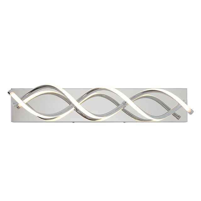 Artika DNA Moderne Vanity Light en Fini chrome Présentant un design Audacieux et Futuriste Inspiré des Courbes Génétiques. le Luminaire DEL Intégré Émet 1800 lumens à 3000 Kelvins, Ancré à une base Rectangulaire Chromée. Mesurant 26,97 Pouces par 6,89 Pouces par 5,2 Pouces, Ce Meuble-Lavabo de Salle de Bain de 27 Watts Est compatible avec la Plupart des Gradateurs et Offre une Durée de Vie de 50 000 Heures.