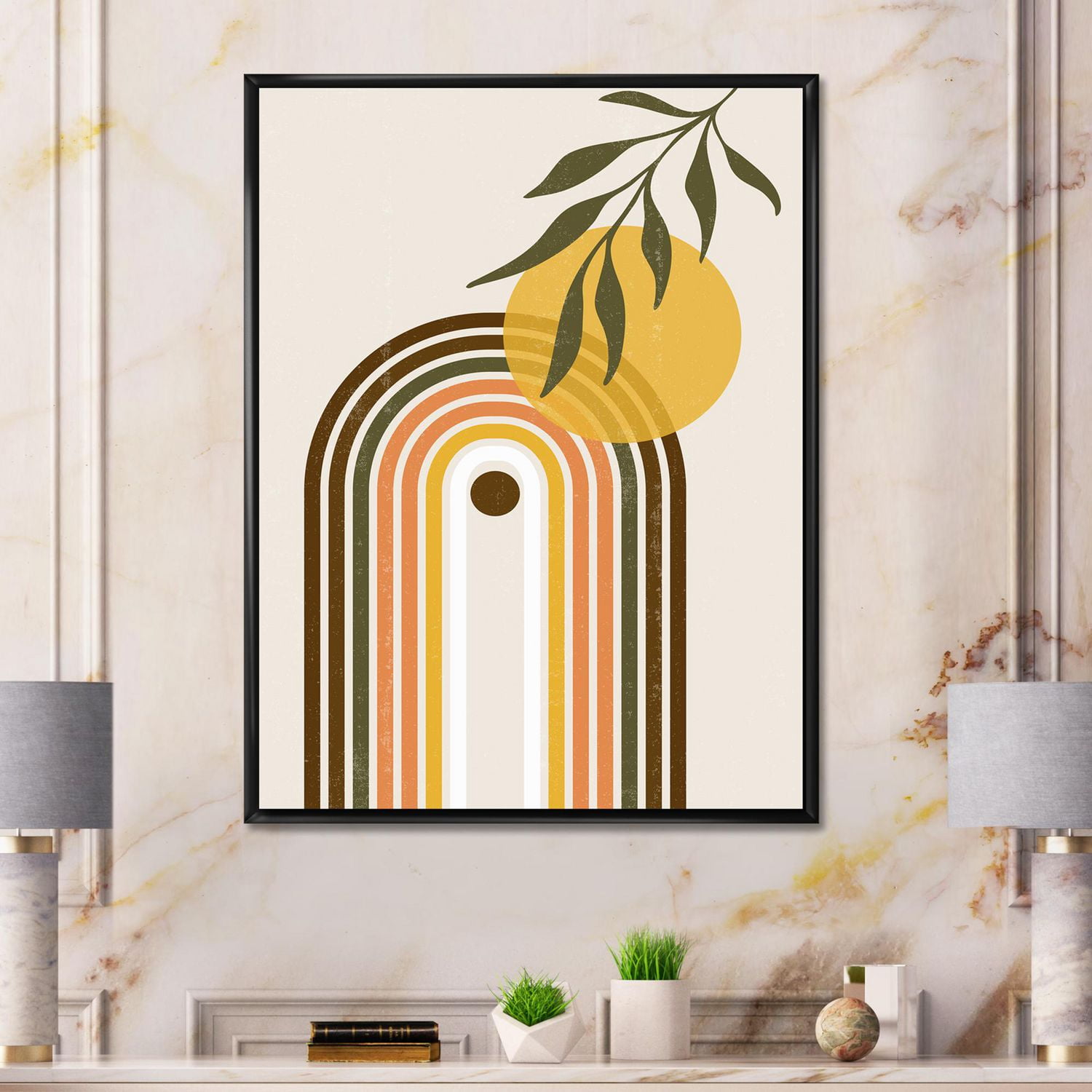 Designart Soleil jaune abstrait avec arc-en-ciel rétro ART MURAL À CADRE FLOTTÉ