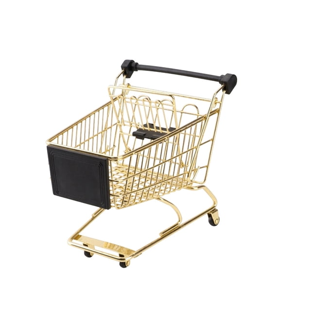 Mini Chariot de Magasinage Jeu d'Imitation Simulation Chariot de Magasinage pour Fille Enfant Doré. un Chariot de Magasinage en Métal Doré avec accents Noirs, Doté d'Une Poignée Robuste et de Roues à Roulement Fluide. Parfait pour le Jeu d'Imitation, les Jeux de Rôle et le Rangement sur Table, Ce Chariot miniature Convient aux Maisons de Poupée, aux Bricolages DIY et aux Scénarios d'Épicerie de Jeu. Dimensions : 17.5x13.5x17cm.