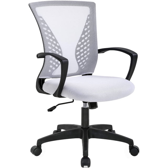 BestOffice Office Chair Ergonomic Mesh, Lumbar Support Armrest Mid Back Rolling Swivel Adjustable, White. This office chair features a breathable white mesh back for cooling comfort, ergonomic lumbar support, and adjustable armrests for personalized comfort. The mid-back design is ideal for desk and computer work, while the rolling swivel base ensures easy mobility. The chair is shown in a front-facing view with a black base and armrests.